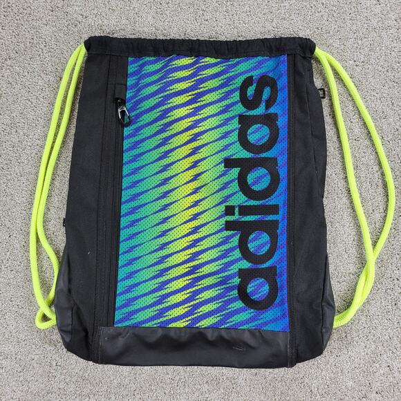 Adidas Thunder Drawstring Backpack 18" Black Blue 2 Zipper Sports School Gym - Picture 1 of 16